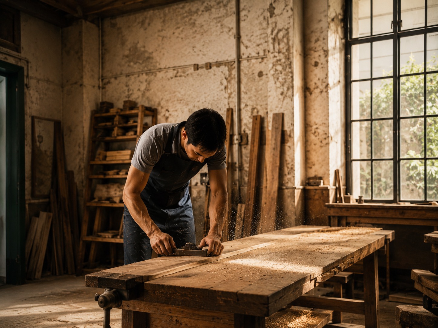 Artisan au travail parmi les planches et les rouleaux, chantier de l'atelier