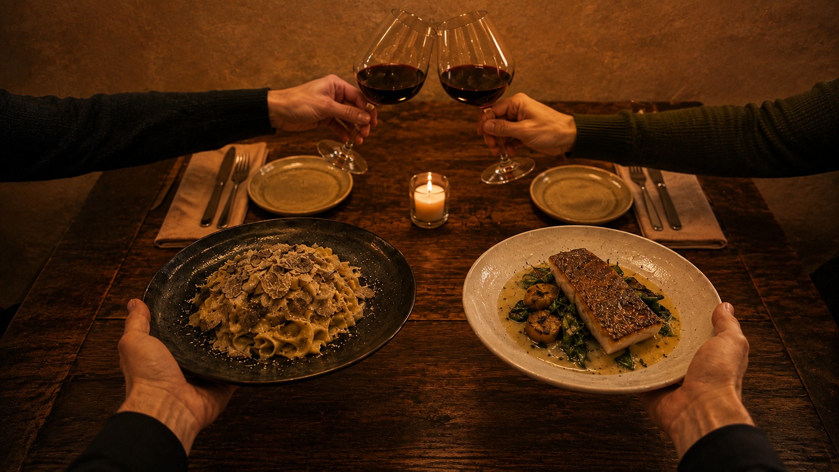 Deux convives trinquent au vin devant deux assiettes servies