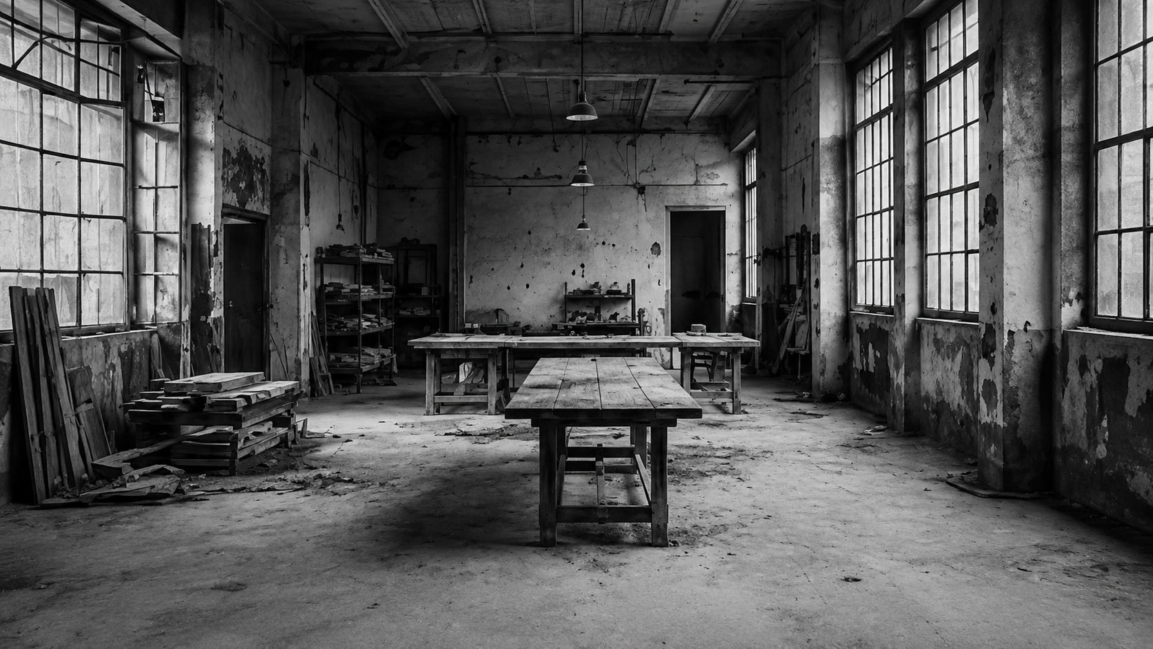 Intérieur de l'atelier vide, table de travail centrale