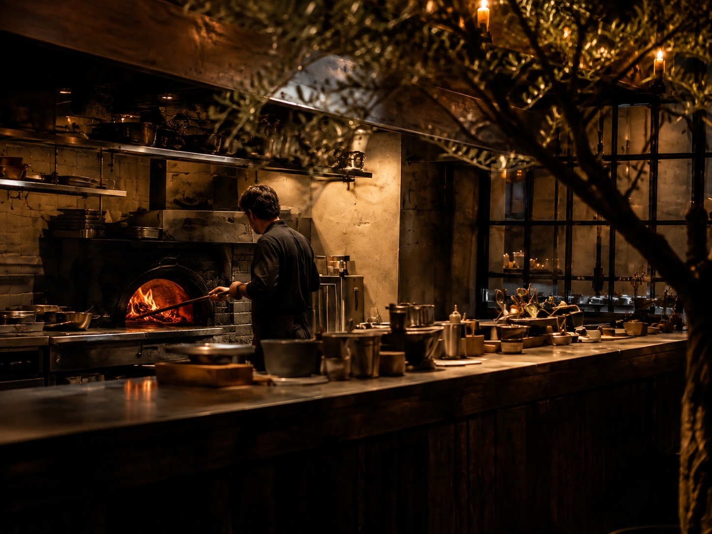 Intérieur du restaurant Ombra : four à bois, comptoir, olivier