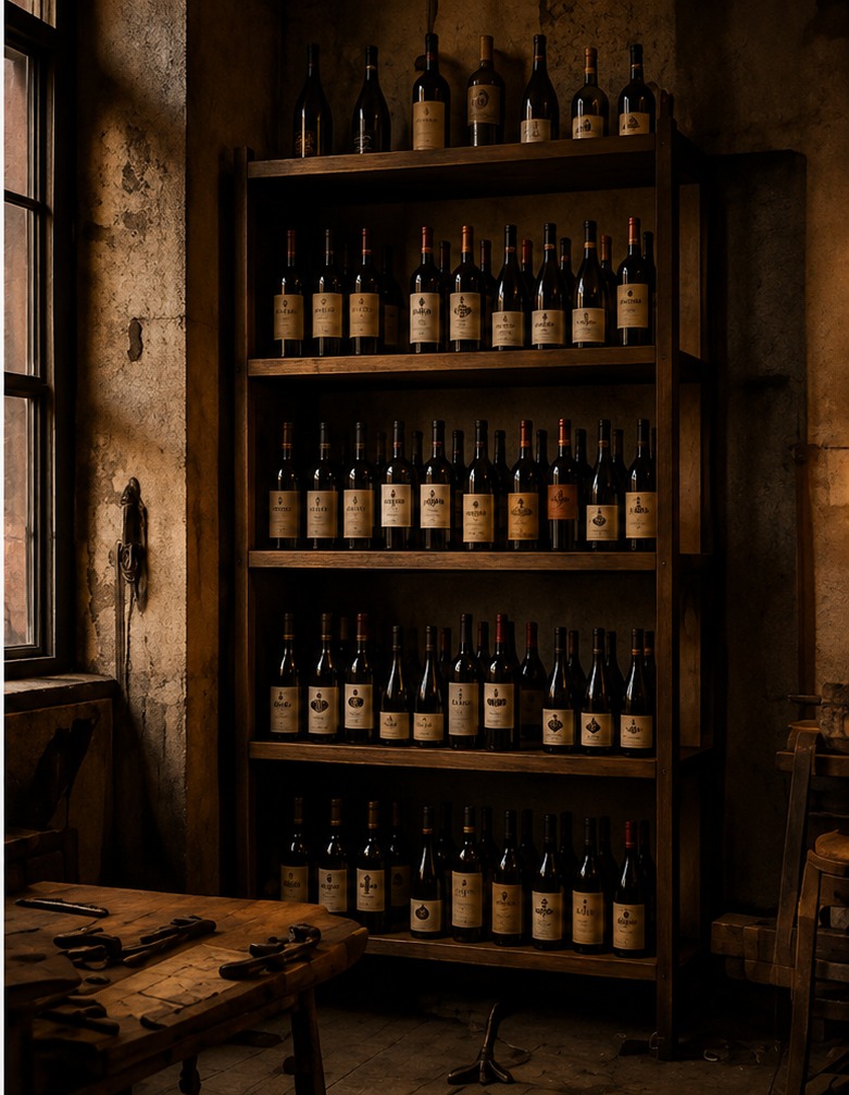 Cave à vins, bouteilles alignées