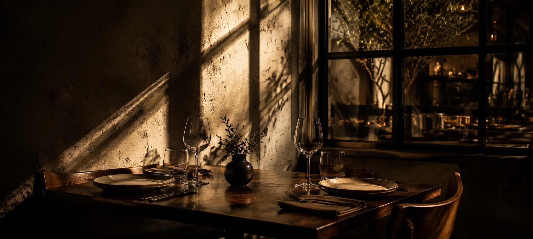 Table dressée, ombres et lumière rasante