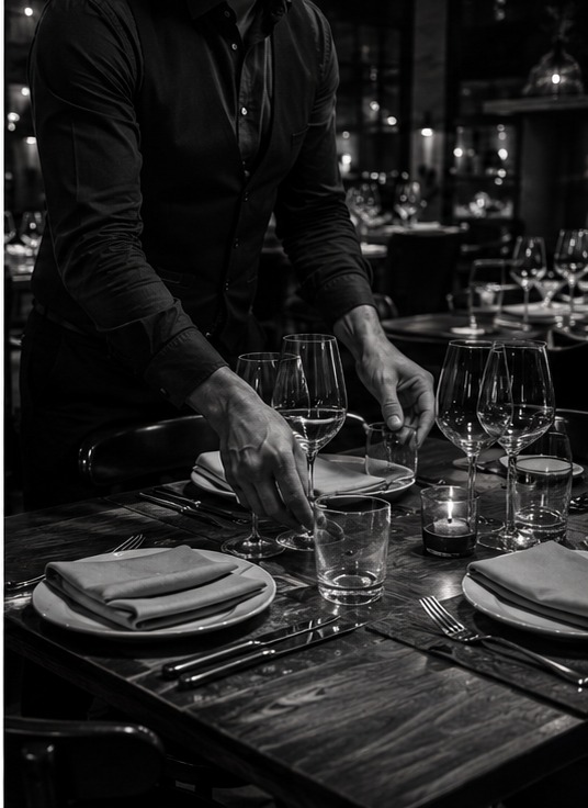 Verres alignés au comptoir, service en salle
