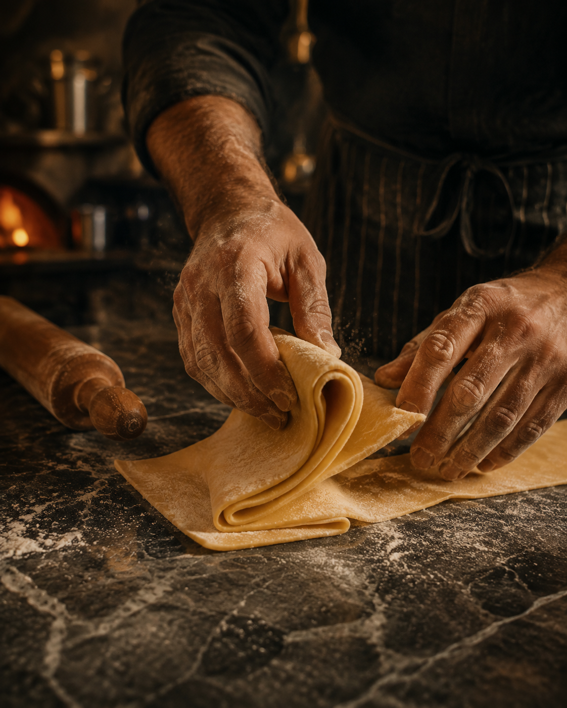 Mains roulant la pâte fraîche dans la cuisine d'Ombra