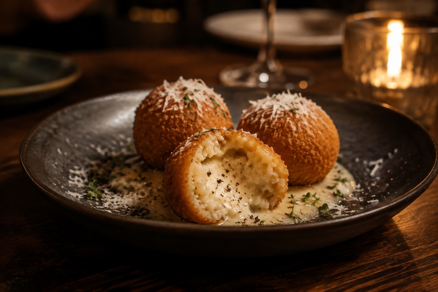 Arancini cacio e pepe servis chez Ombra