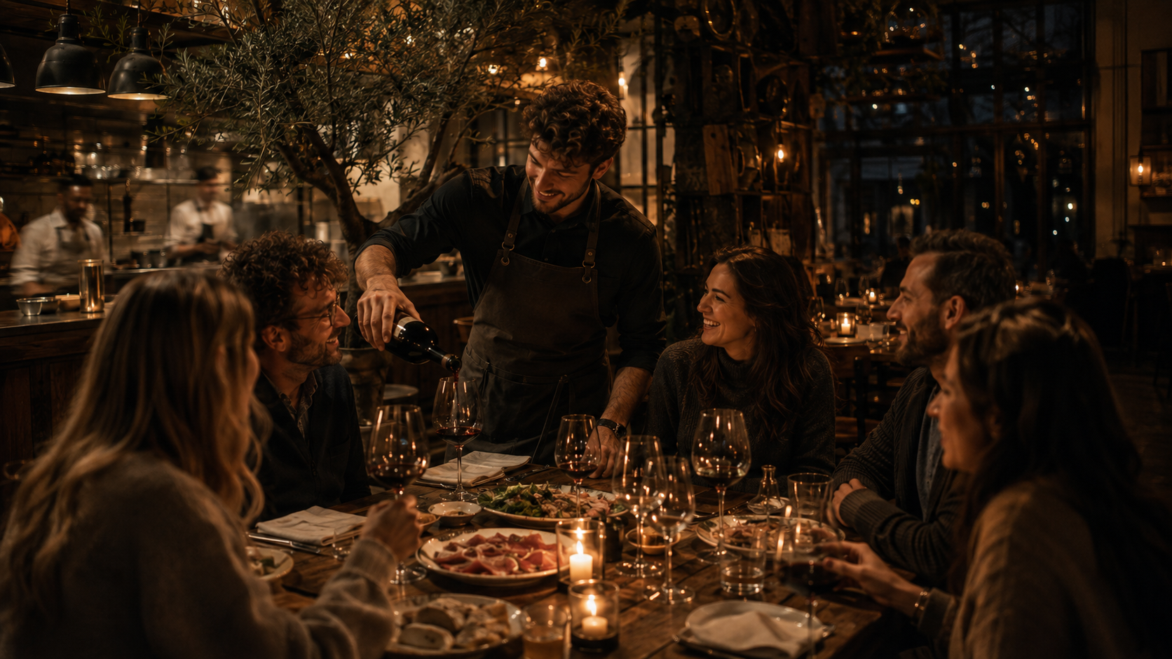Service du vin à table chez Ombra, cave italienne et bordelaise
