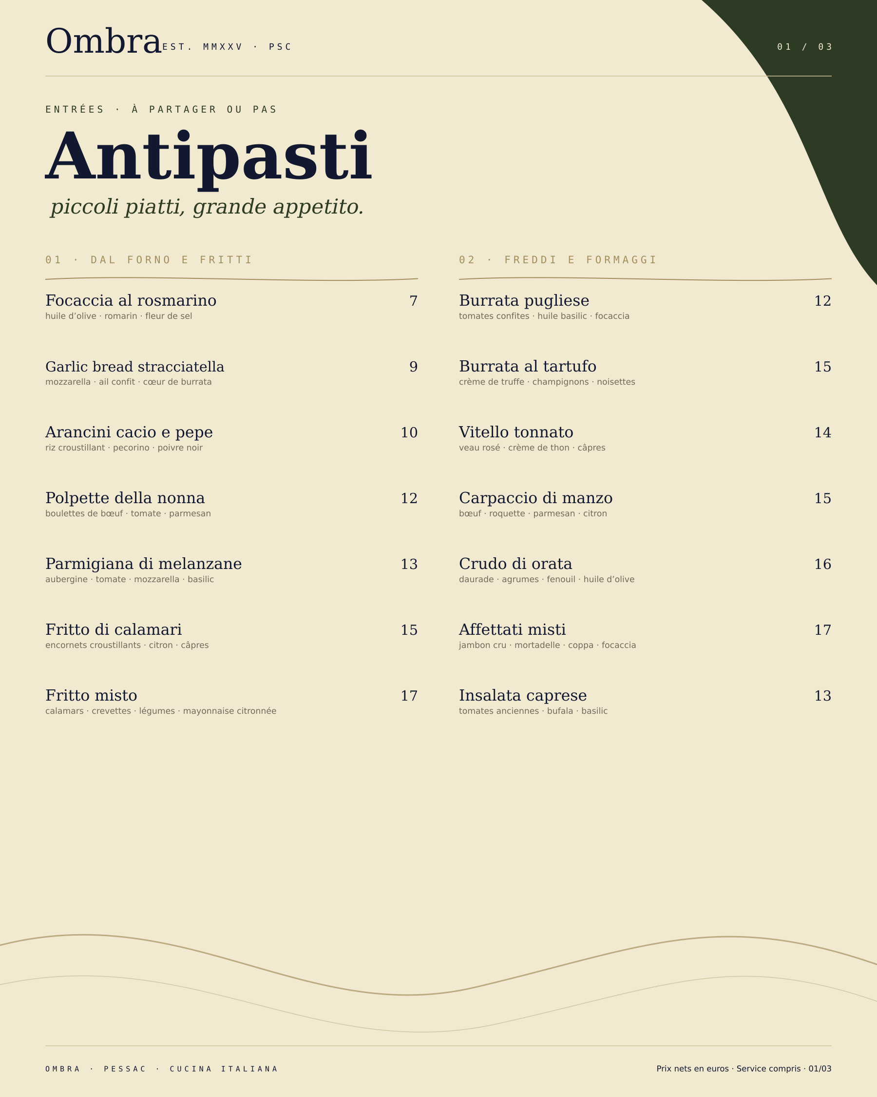 Carte des antipasti — Ombra Pessac
