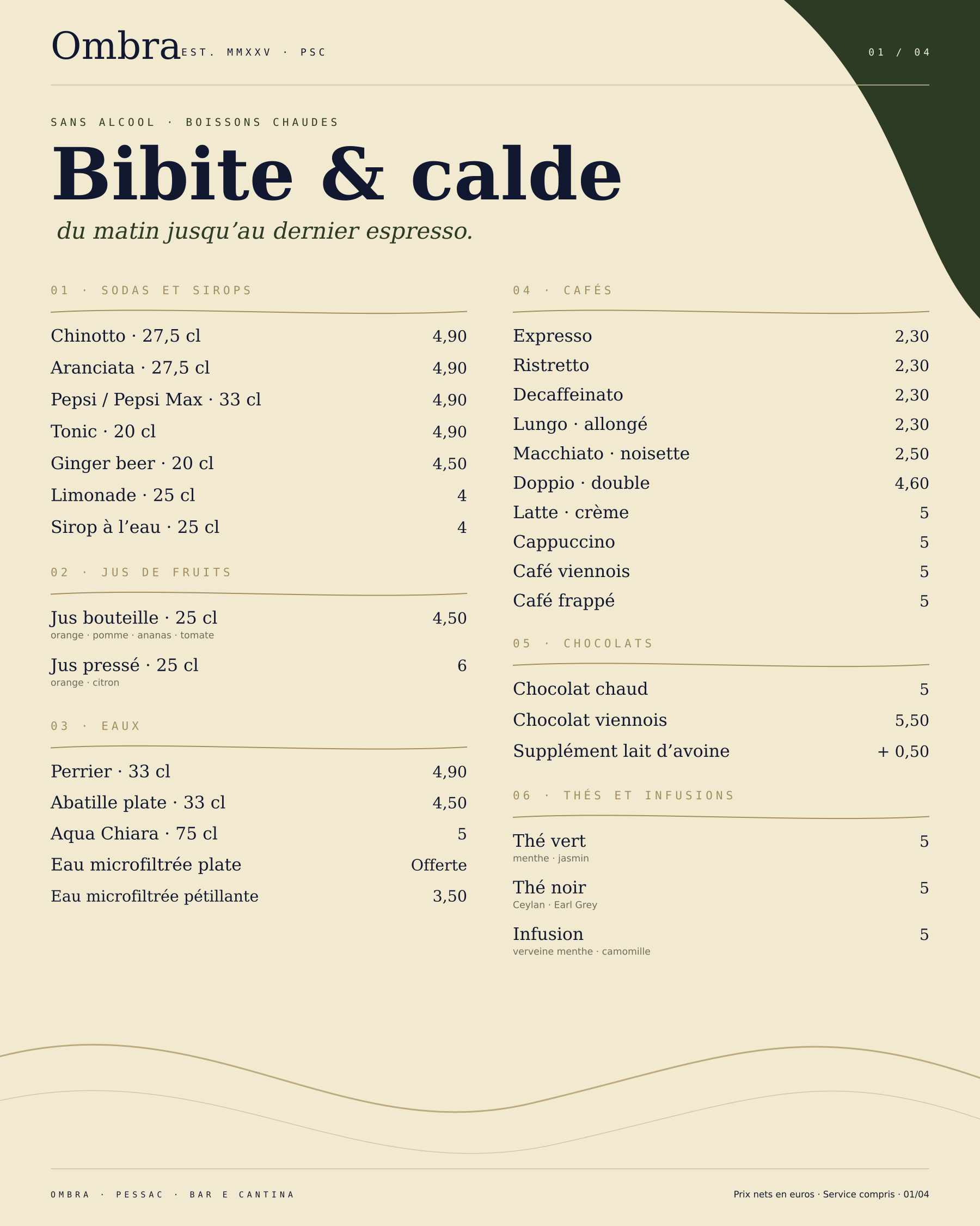 Carte des bibite & bevande calde — Ombra Pessac